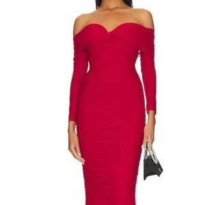 Bardot Helena Midi Mesh Dress in Fire Red